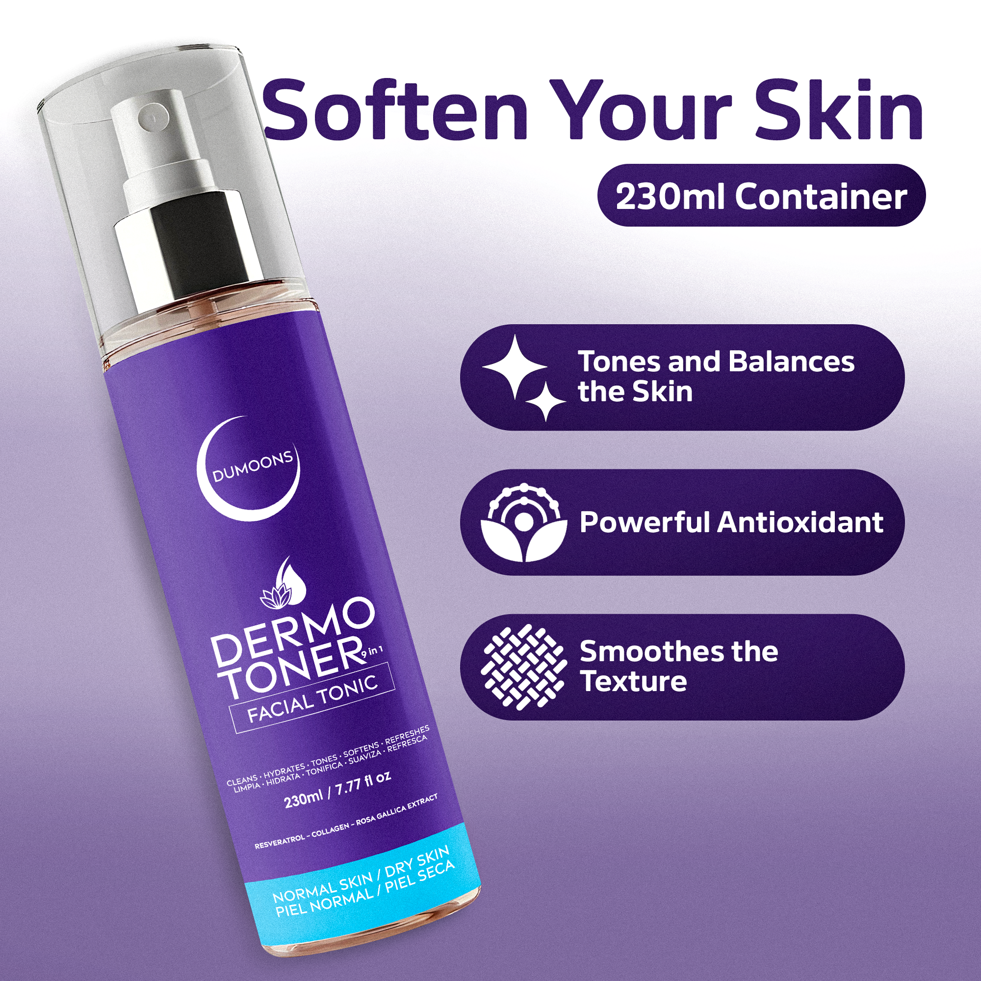DUMOONS Face Toner , Hydrating Facial Mist for Women with Hyaluronic Acid, Collagen, Elastin & Alum Stone Extract, Lightweight Toner Spray for Fresh, Balanced-Looking Skin
