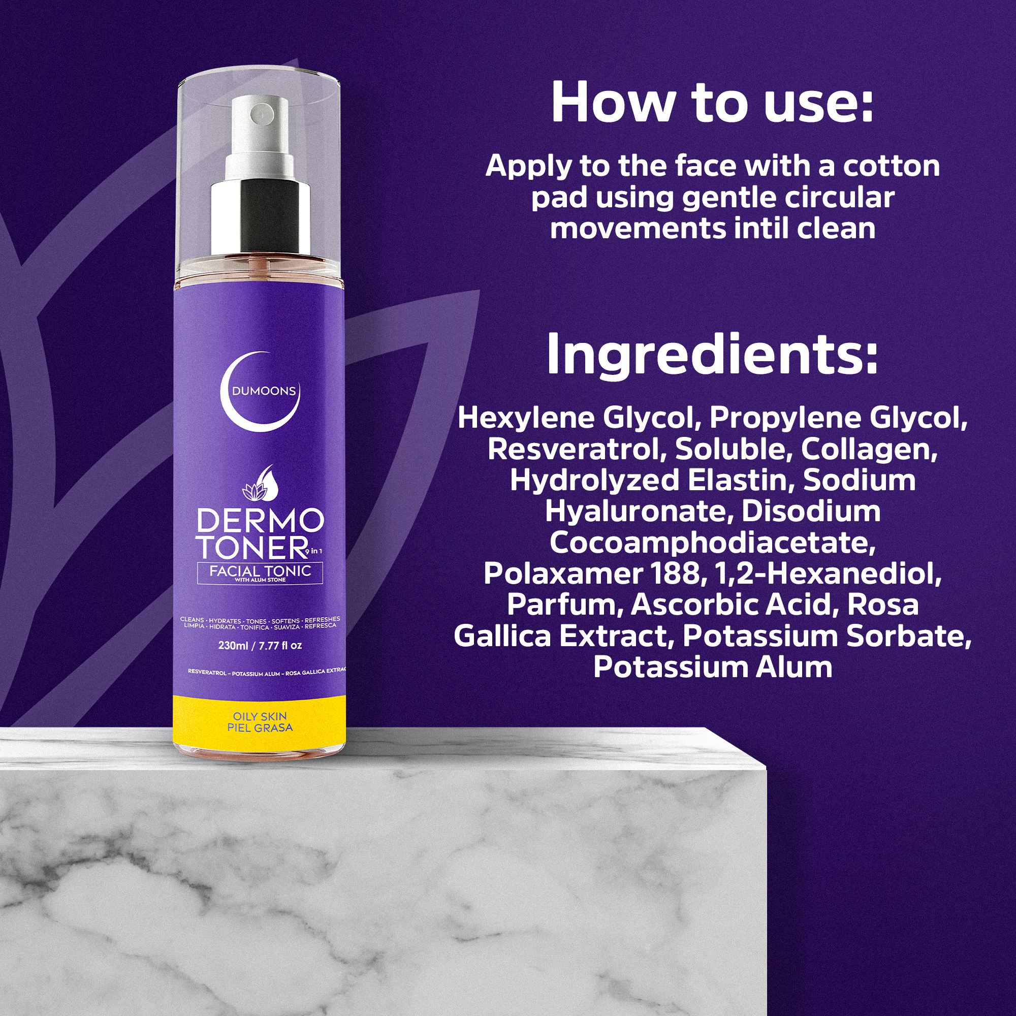 DUMOONS Face Toner , Hydrating Facial Mist for Women with Hyaluronic Acid, Collagen, Elastin & Alum Stone Extract, Lightweight Toner Spray for Fresh, Balanced-Looking Skin
