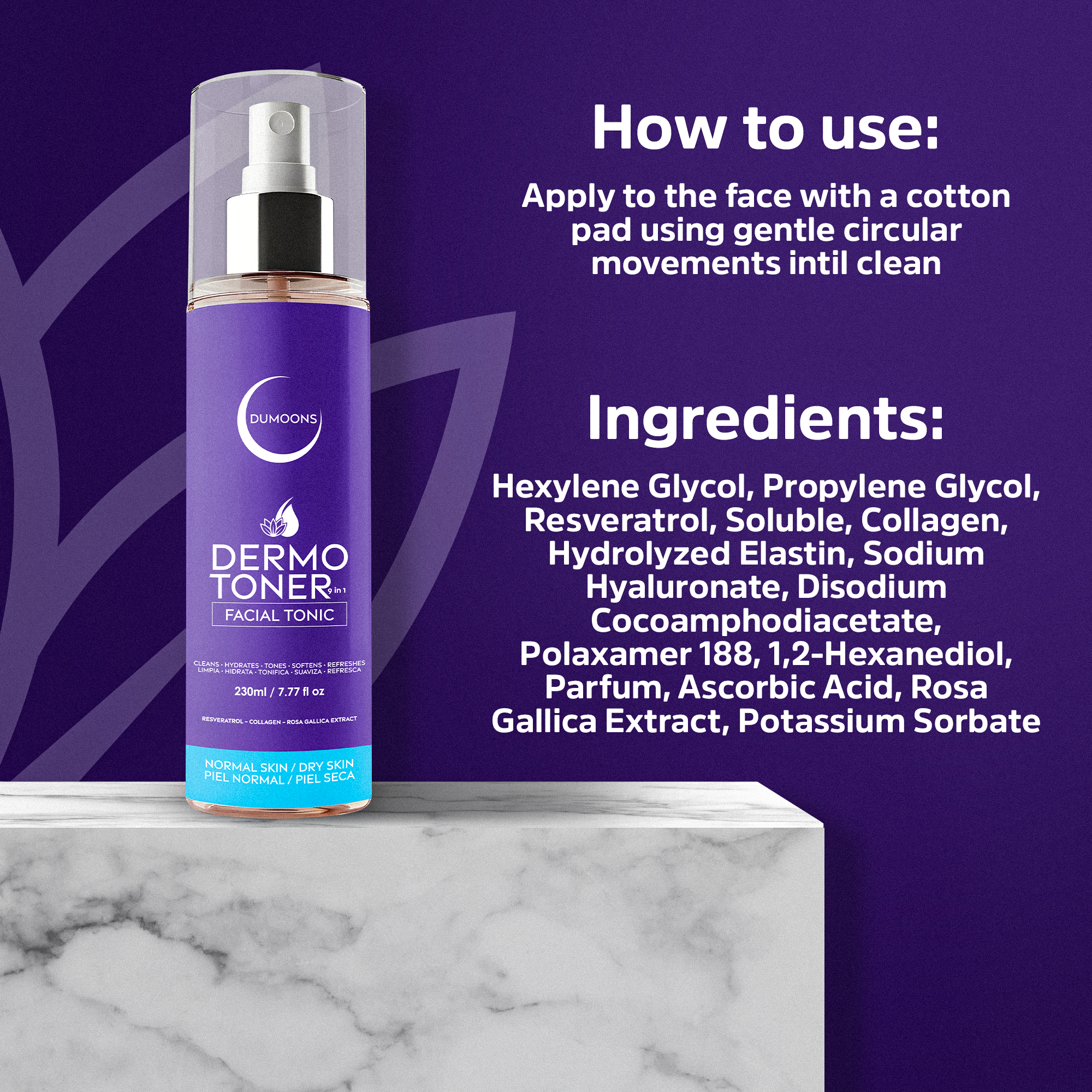 DUMOONS Face Toner , Hydrating Facial Mist for Women with Hyaluronic Acid, Collagen, Elastin & Alum Stone Extract, Lightweight Toner Spray for Fresh, Balanced-Looking Skin